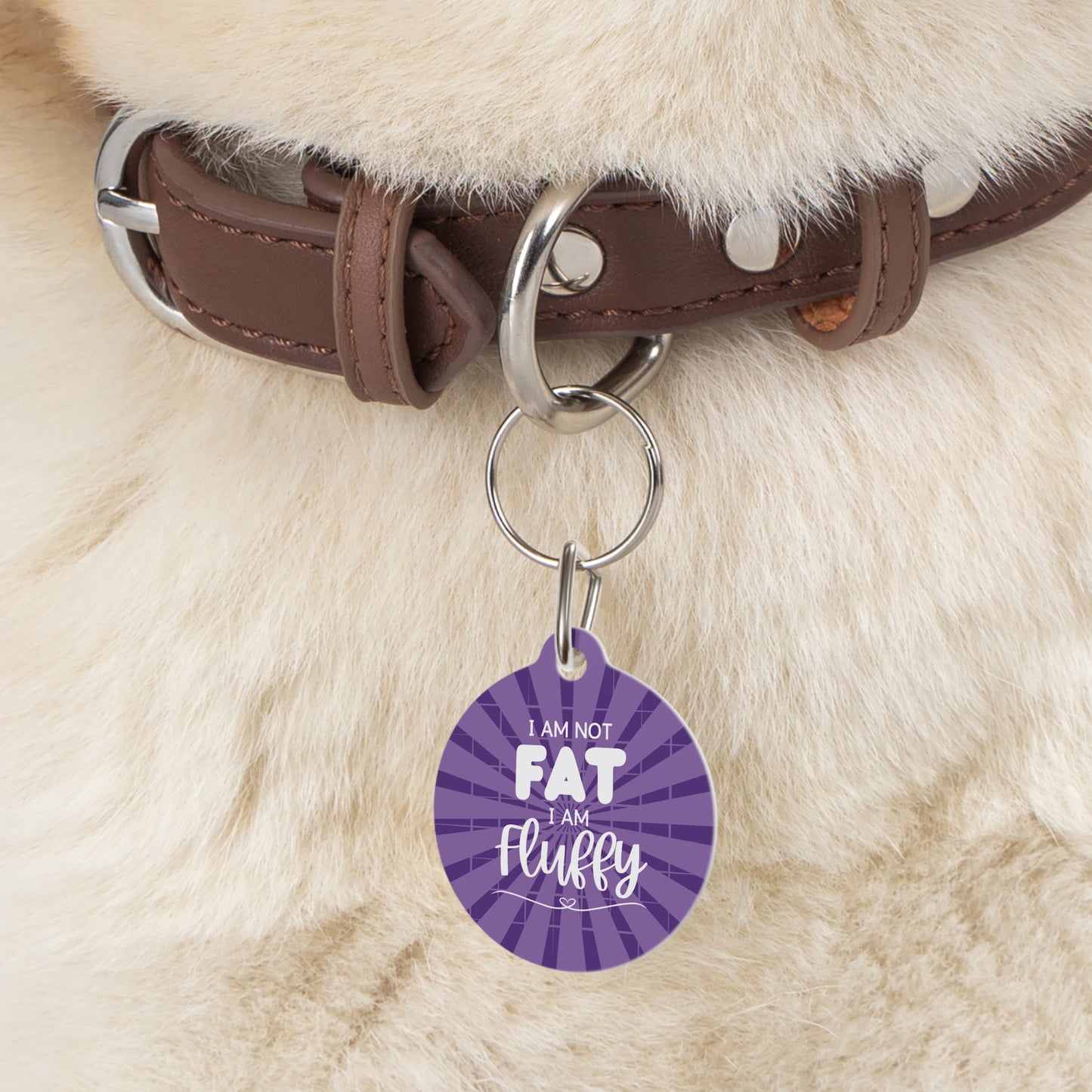 I Am Not Fat I Am Fluffy Purple Metal Pet Name Tag - Custom, Personalized, Durable